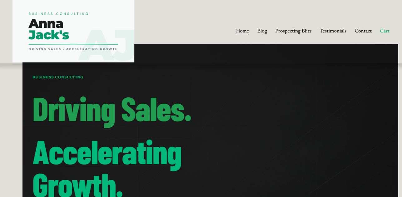 Anna Jack's original website built on a DIY template — light header, oversized green wordmark, sparse hero with no clear conversion path