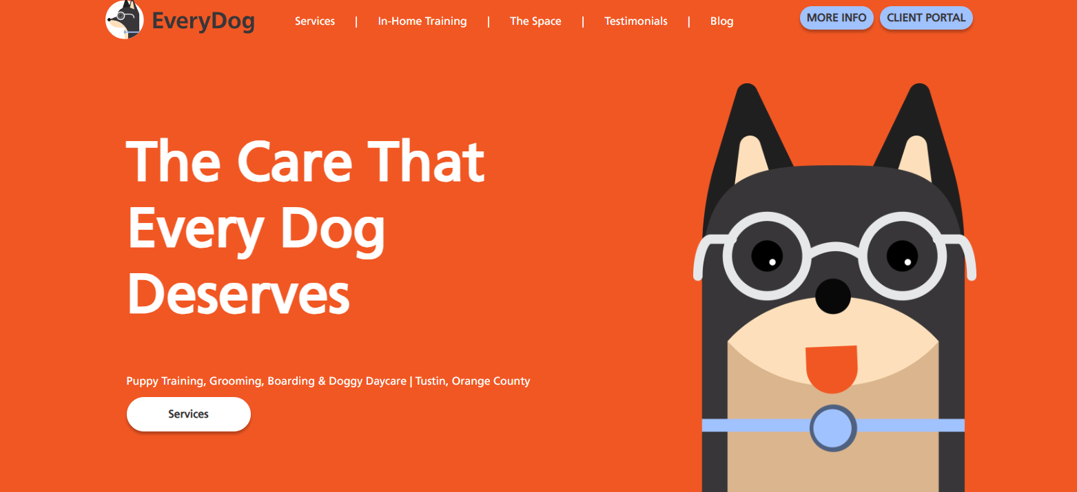 EveryDog homepage built with a DIY website template — flat orange background, cartoon dog illustration, generic layout