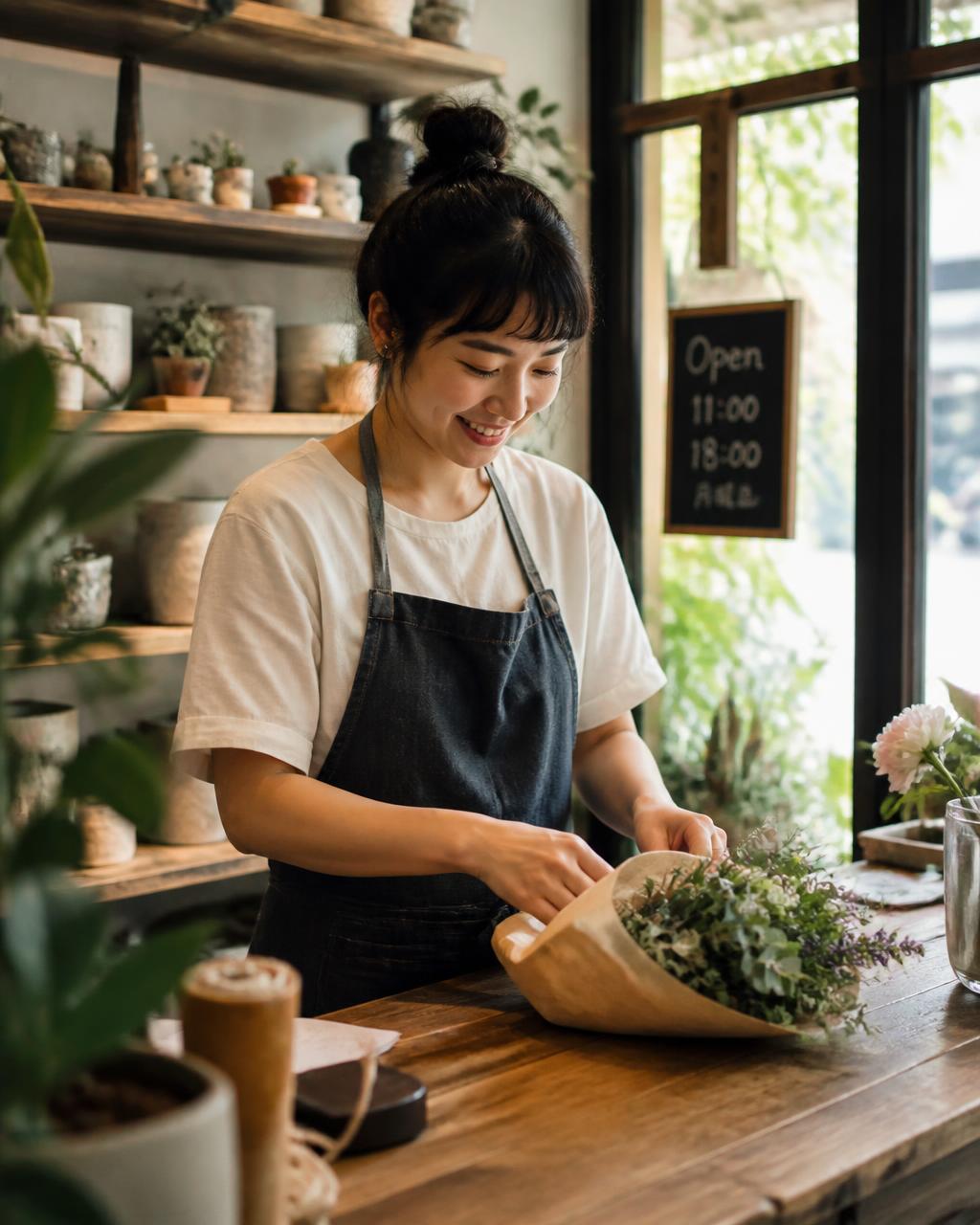 Local business owner working behind the counter of her neighborhood shop.