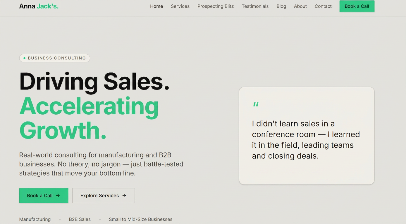 Anna Jack's website redesigned by QuickFlip Digital — bold typography, punchy green accents, clear consulting positioning and call-to-action to book a strategy call