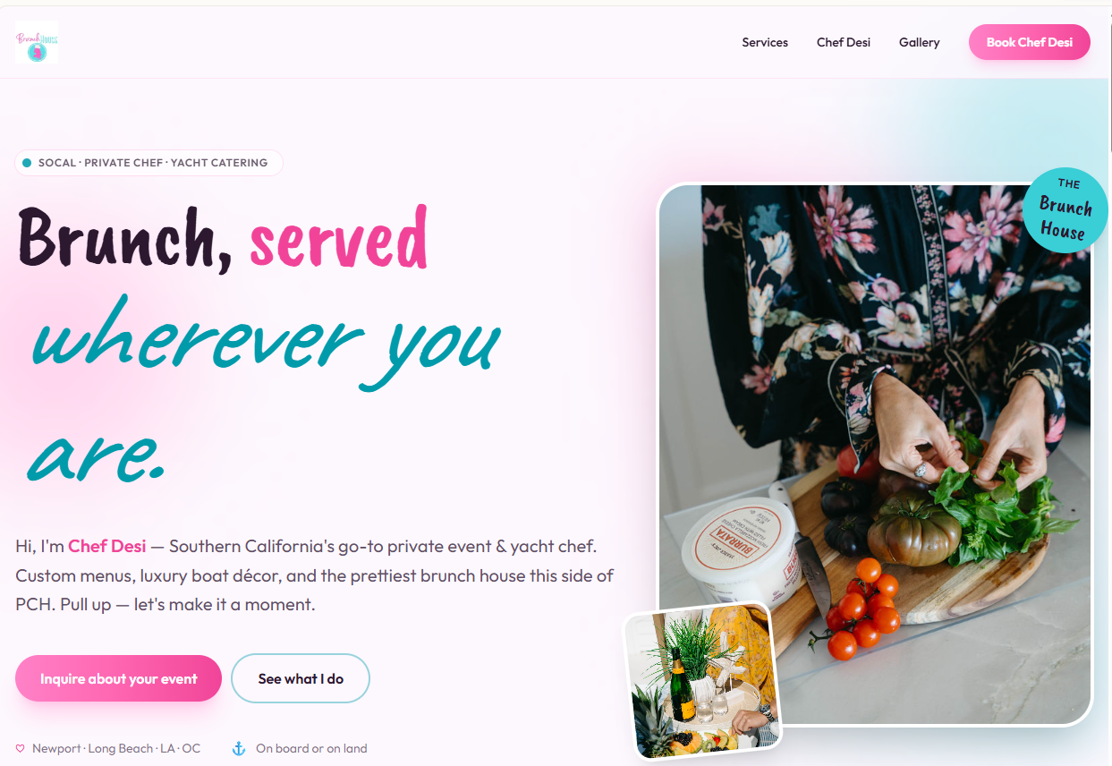 The Brunch House website homepage — private chef and yacht catering brand in Southern California, featuring custom menus and luxury event styling