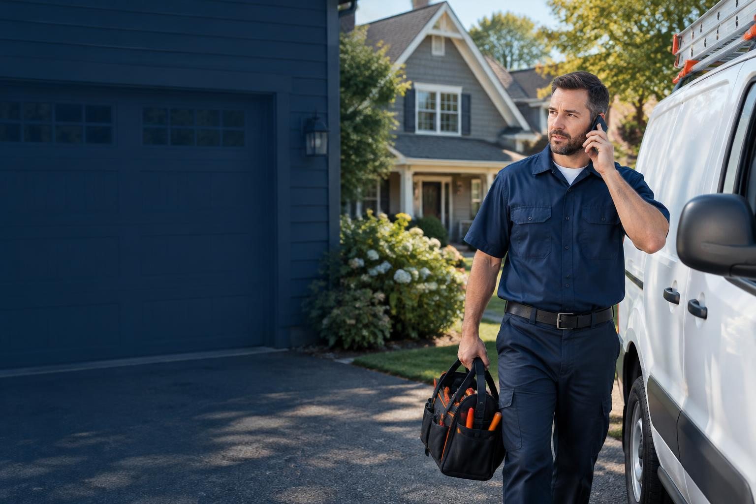 Service technician answering a call beside a work van